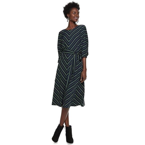 Nine West Striped V Neck A Line Dress Size S Small Green Multi - Picture 1 of 9